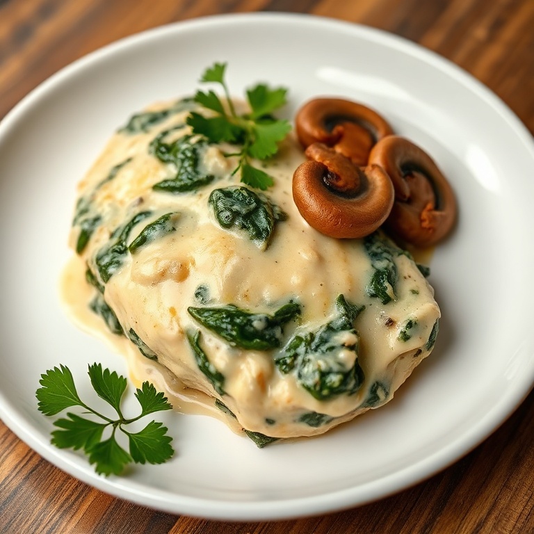 Creamy Spinach Mushroom Chicken plated on a white plate with fresh parsley. Warm side lighting shows texture and layers.