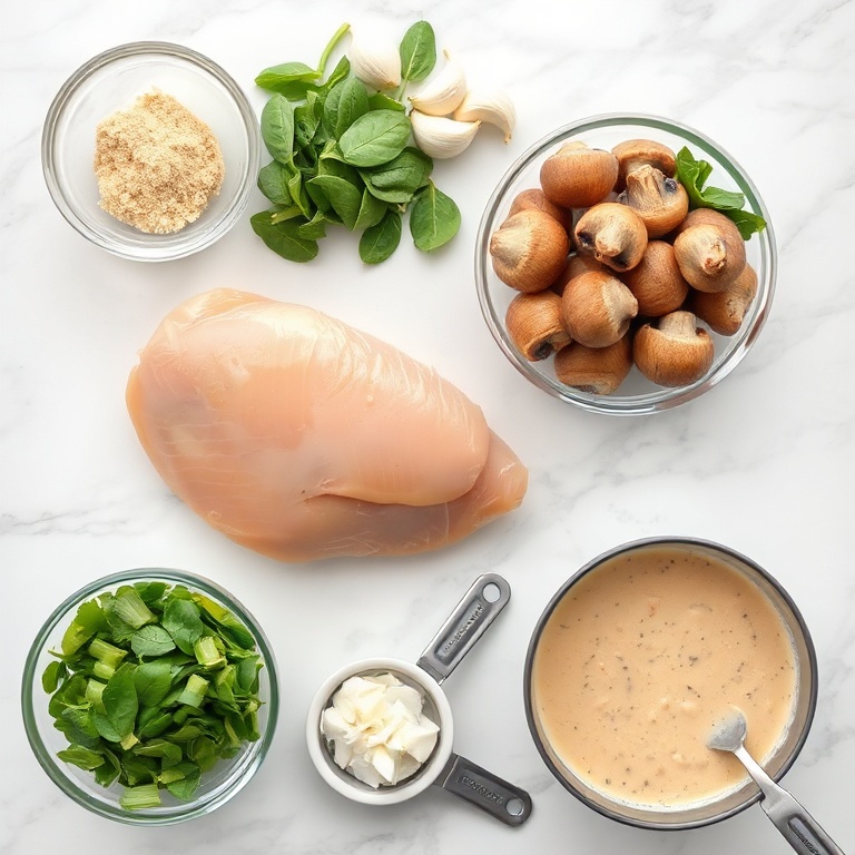 Fresh chicken breast, mushrooms, spinach, garlic, and cream of mushroom soup arranged on a white marble surface.