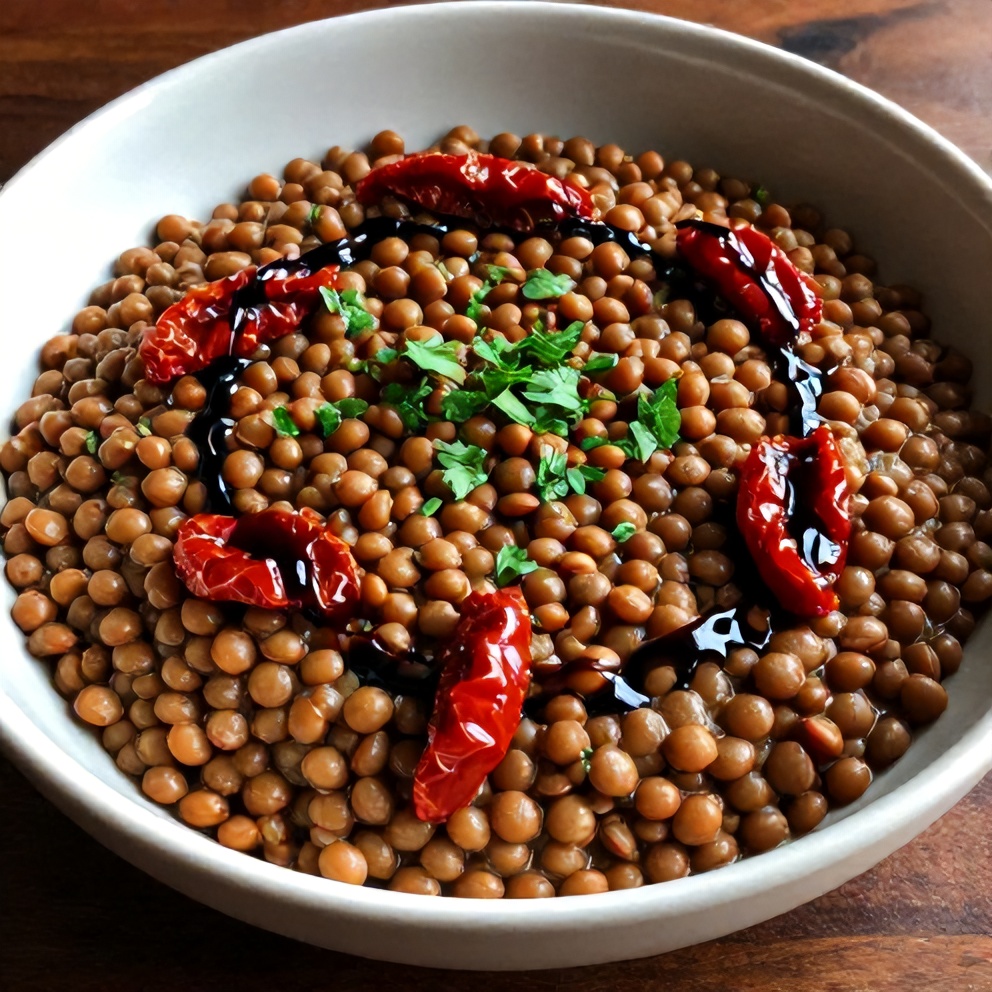 Plated Creamy Sundried Tomato Lentils with fresh parsley