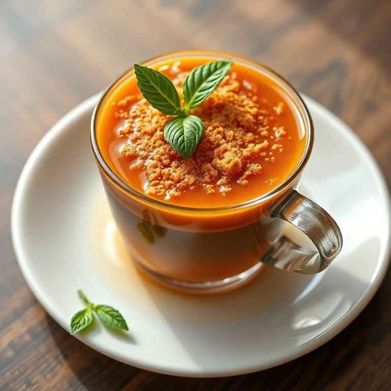 Plated Thai Tea Crème Brûlée. Caramelized sugar on top. Garnished with mint. White ceramic plate. Warm lighting. Photorealistic