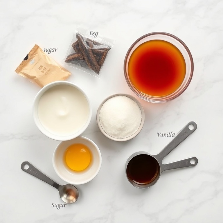 Raw ingredients for Thai Tea Crème Brûlée. Tea bags, cream, sugar, vanilla, egg yolks. Measuring cups and spoons. White marble surface. Bright even light. Photorealistic