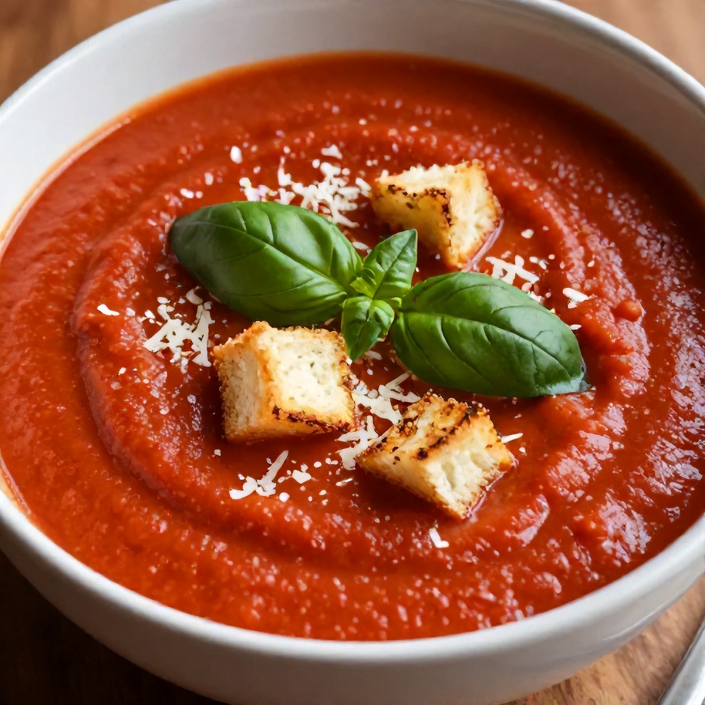 Bowl of creamy tomato soup with grilled cheese croutons