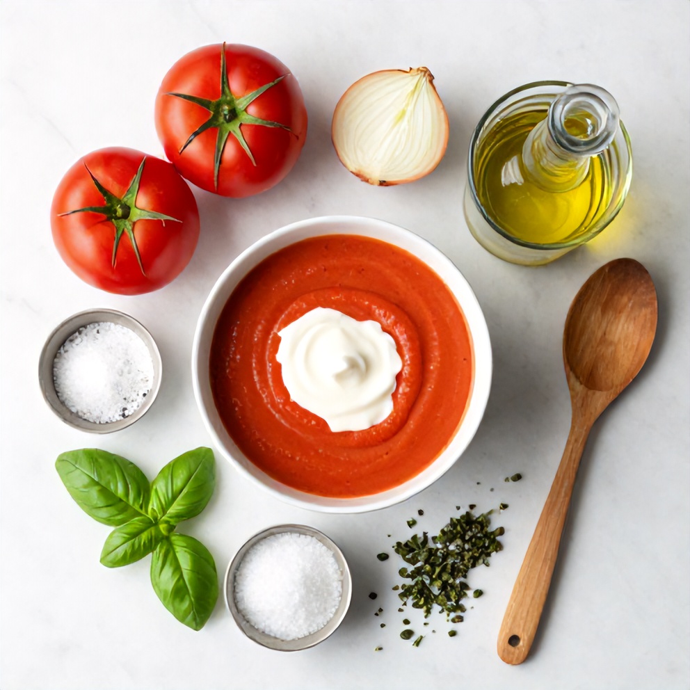 Ingredients for creamy tomato soup on marble surface