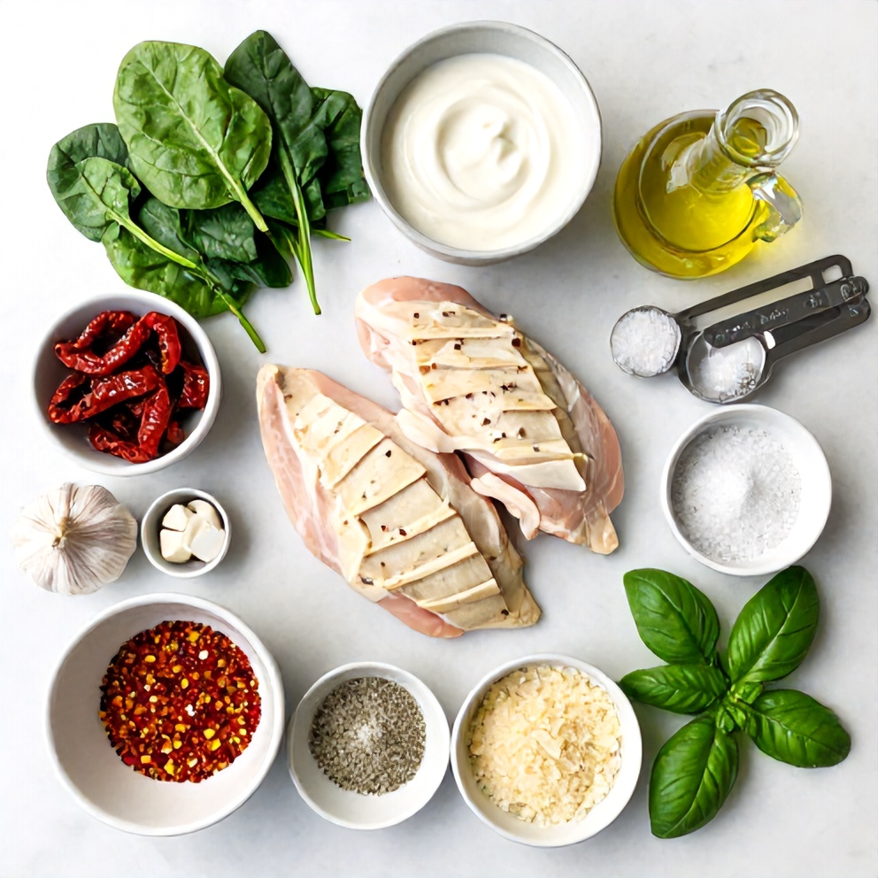 Raw ingredients for Creamy Tuscan Chicken Pasta