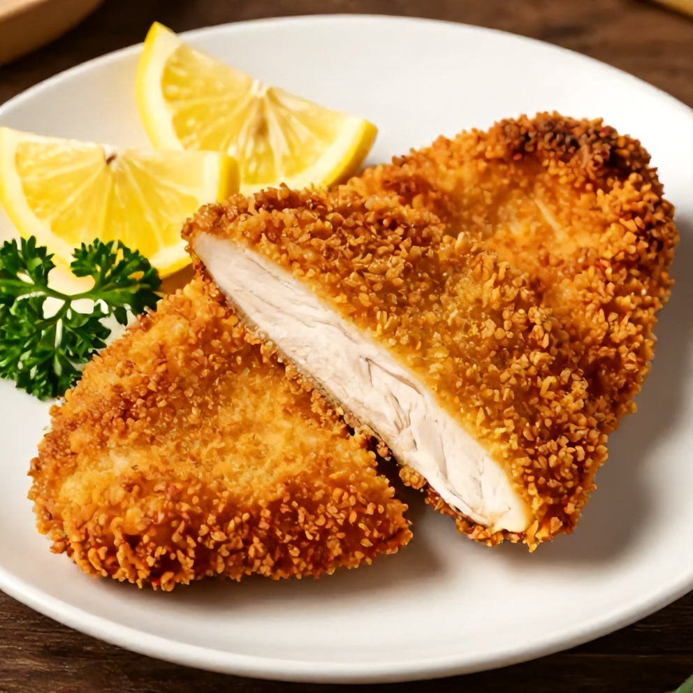 Plated Air Fryer Chicken Cutlets with lemon wedges