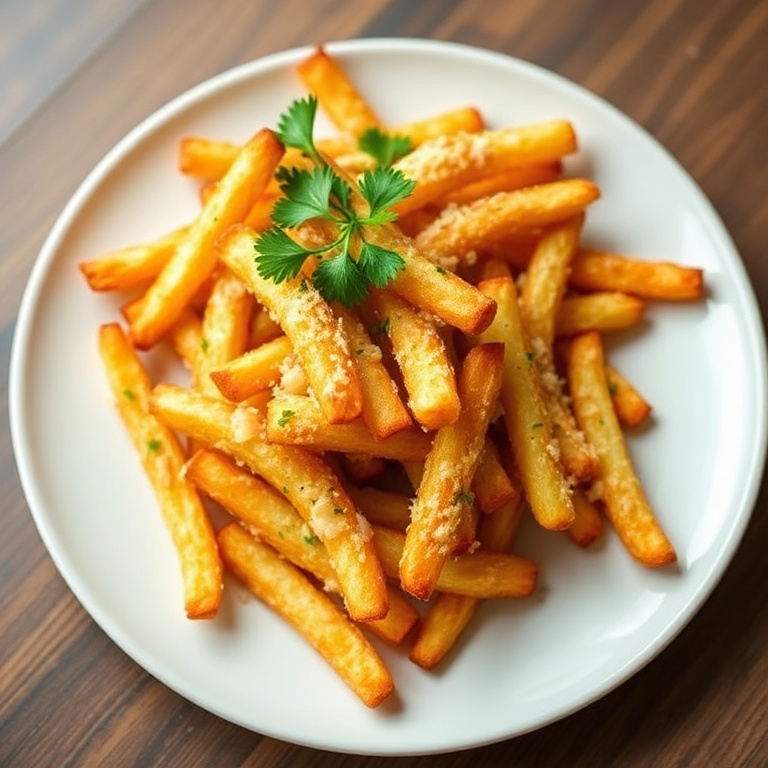 One perfect plated serving of Crispy Air Fryer Garlic Parmesan Fries. Topped with fresh parsley. Served on a white ceramic plate. Warm side lighting highlighting texture. Photorealistic food photography style, no text, no watermark.