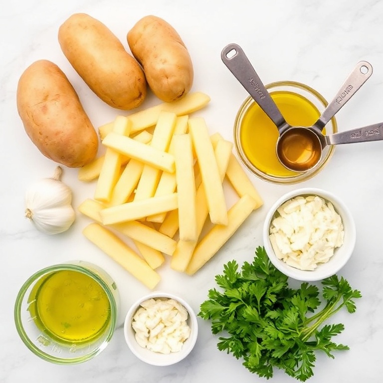 Overhead flat lay of raw ingredients for Crispy Air Fryer Garlic Parmesan Fries. Russet potatoes, garlic cloves, parmesan cheese, olive oil, and fresh parsley visible. Measuring spoons and bowls included. Bright even light. White marble surface. Photorealistic overhead food photography style.