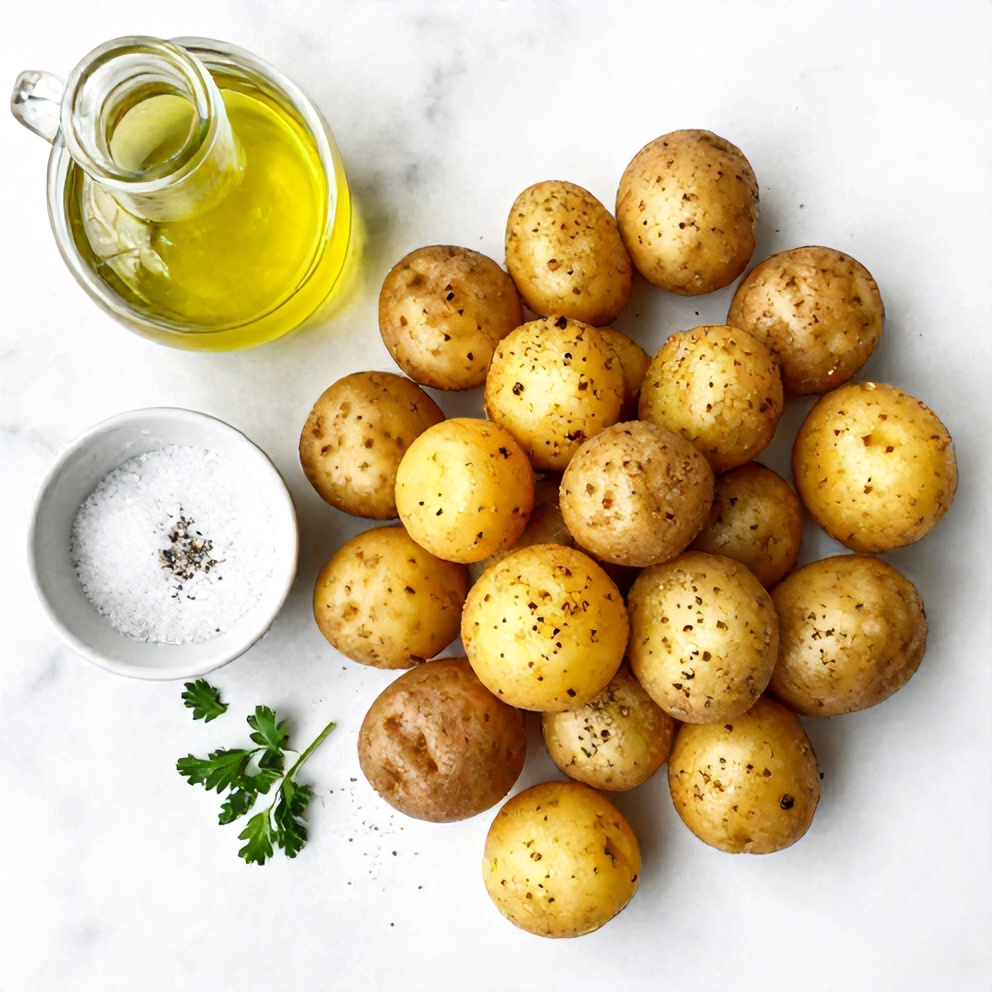 Raw ingredients for Crispy Air Fryer Smashed Potatoes including potatoes, olive oil, salt, and pepper