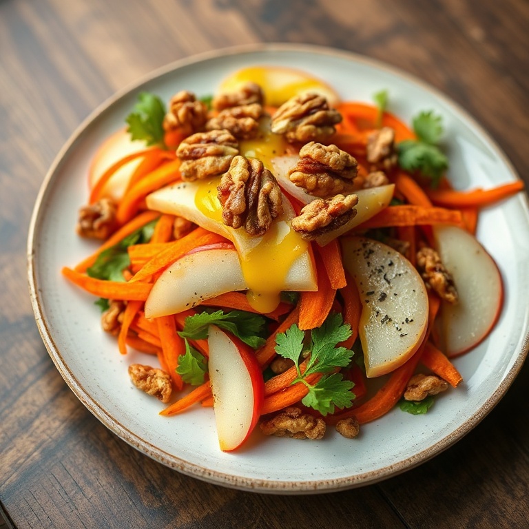 Perfectly plated crispy apple carrot salad. Topped with walnuts and a drizzle of citrus dressing. Close crop. Warm side lighting. Photorealistic food photography. No text. No watermark.