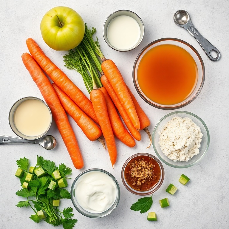 Apple, carrots, dressing ingredients, and toppings in an overhead flat lay. Measuring tools and bowls visible. Bright even light. Photorealistic food photography. No text. No watermark.