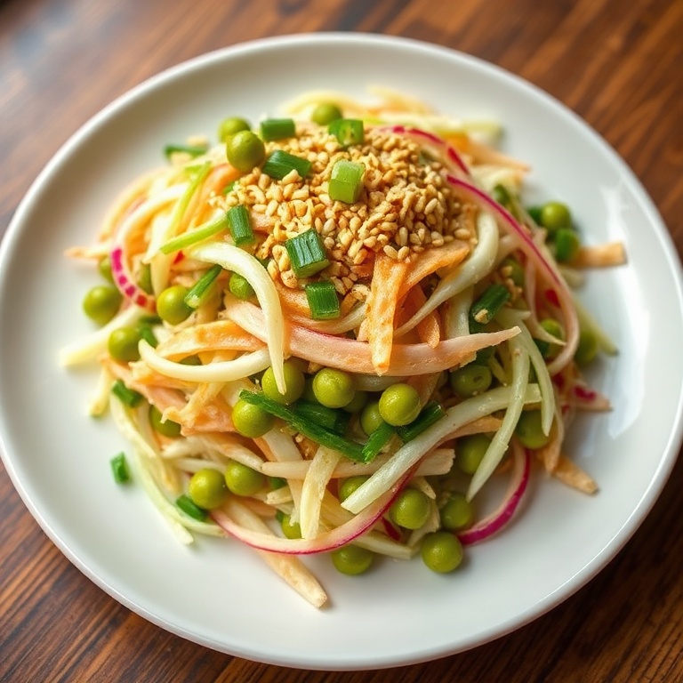 Plated Asian Edamame Salad. Crispy edamame, shredded cabbage, cucumber, and green onions. Topped with sesame seeds. Served on a white ceramic plate. Warm side light.