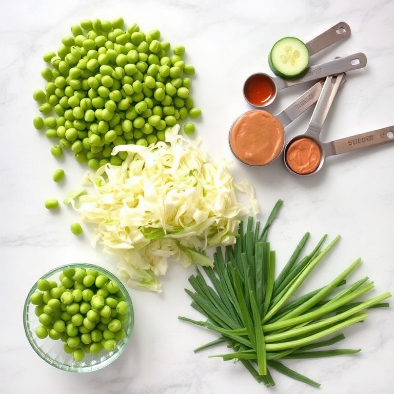 Raw ingredients for Asian Edamame Salad. Fresh edamame, shredded cabbage, sliced cucumber, green onions, and peanut butter. Measuring cups and spoons on a white marble surface. Bright natural light.