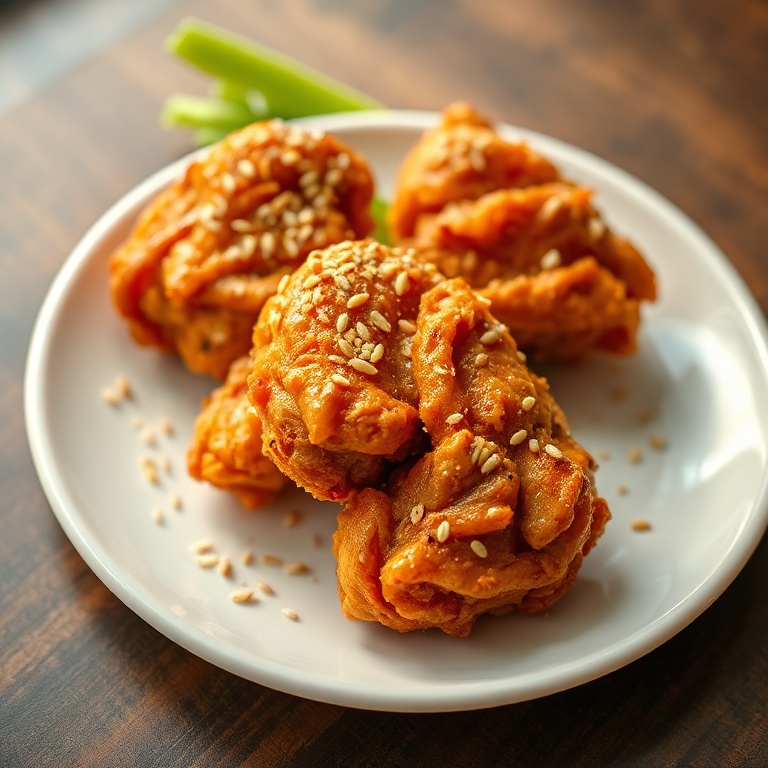 Crispy Bang Bang Chicken on a plate with garnish