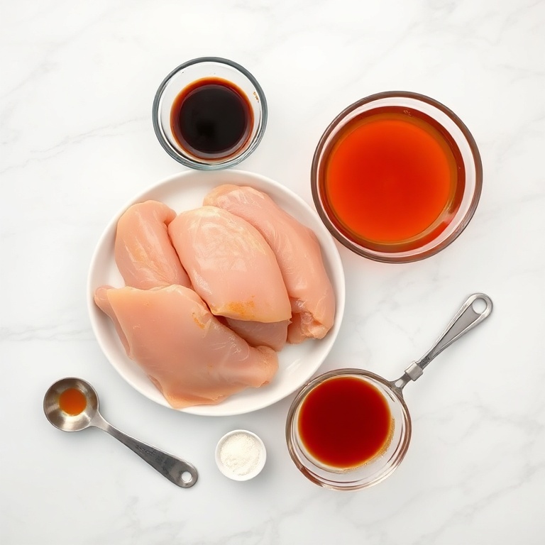 Raw chicken, garlic, soy sauce, peanut butter, and other ingredients for Bang Bang Chicken