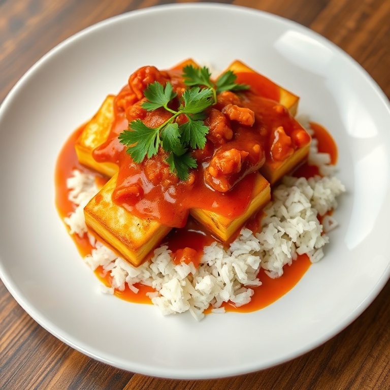 Plated Crispy Bang Bang Tofu. Tofu covered in spicy sauce. Garnished with cilantro. Classic white plate with warm light.