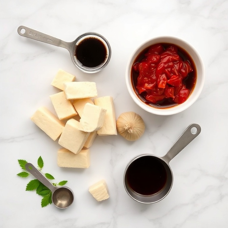 Raw ingredients for Crispy Bang Bang Tofu. Tofu, soy sauce, ginger, garlic, and chili paste. Measuring spoons and bowls on white marble surface.