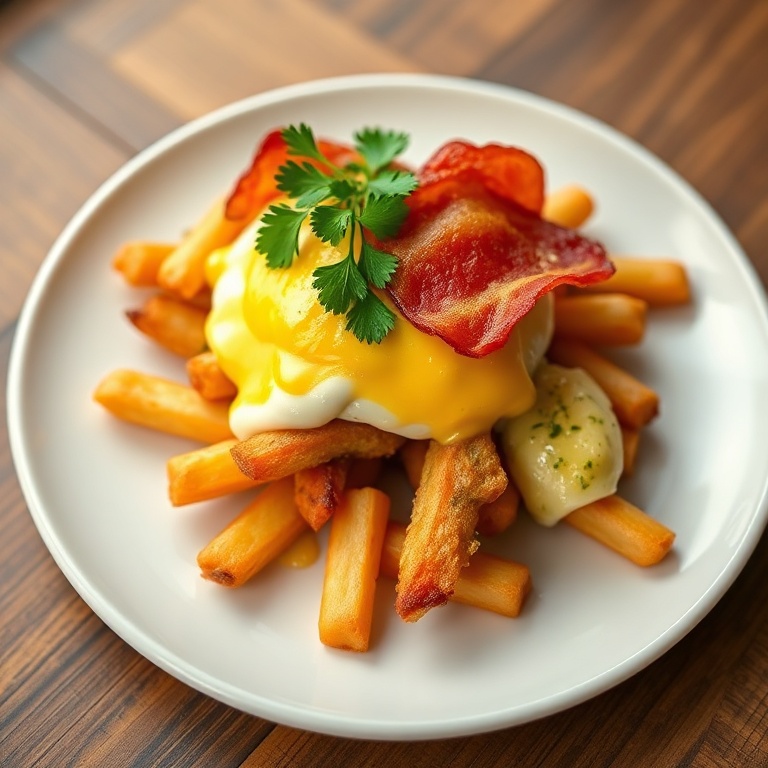 Crispy Breakfast Poutine with Hollandaise and Bacon. Topped with fresh parsley. Served on a white ceramic plate. Warm lighting highlights texture. Photorealistic food photography.