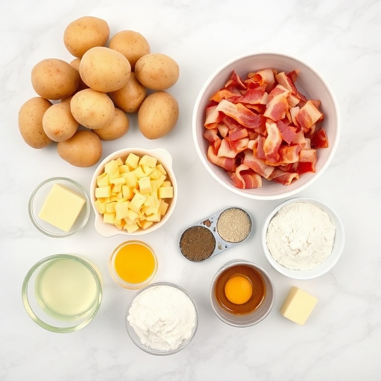 Fresh potatoes, bacon, cheese, eggs, butter, flour, and spices. Overhead flat lay on white marble surface. Prep bowls and measuring cups visible. Bright even light.
