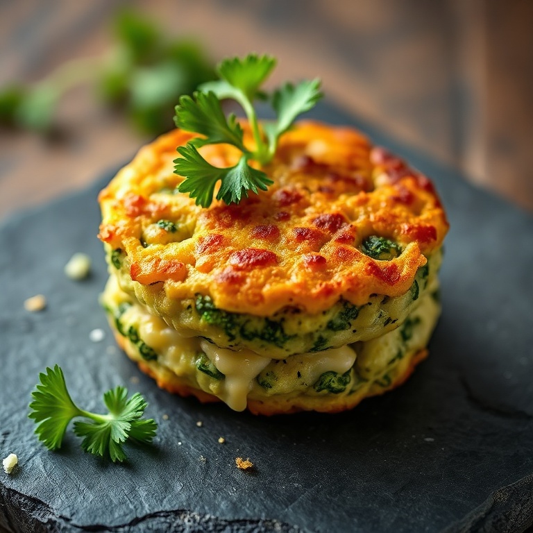 Golden crispy broccoli patties plated on rustic wooden board