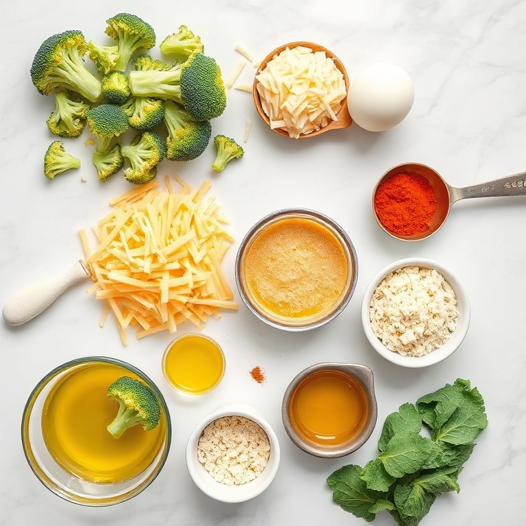 Raw broccoli, cheddar, breadcrumbs, eggs stacked neatly for crisp patties