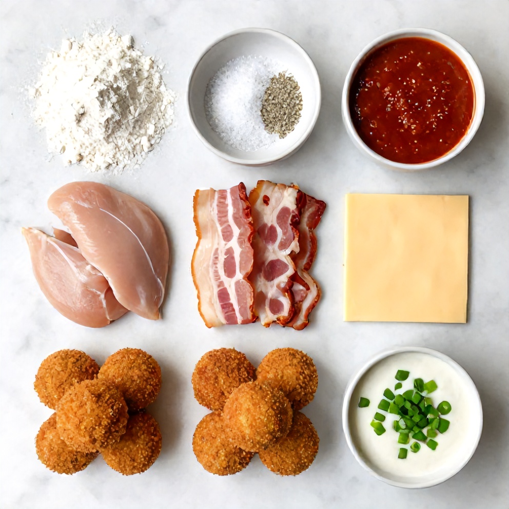 Raw ingredients for Buffalo Chicken Bacon Mozzarella Bombs on a white marble surface
