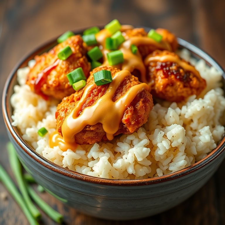 Crispy Cajun Chicken Rice Bowl with spicy mayo drizzle. Garnished with green onions. Close-up of creamy rice and crispy chicken. Warm lighting.
