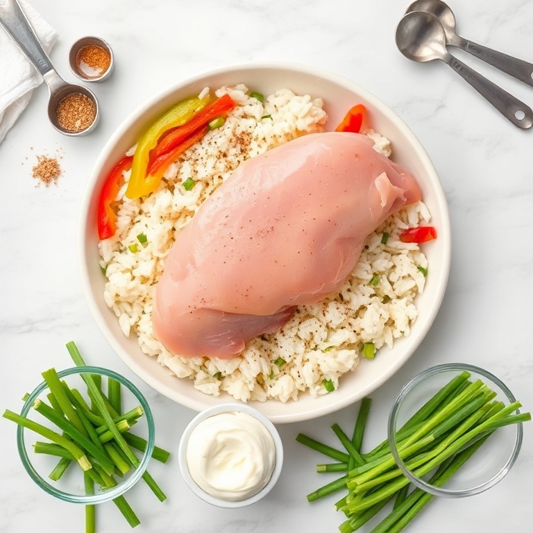 Raw chicken, rice, bell peppers, onions, Cajun seasoning, mayonnaise, and green onions. Overhead flat lay. Measuring spoons and bowls visible. Bright natural light.