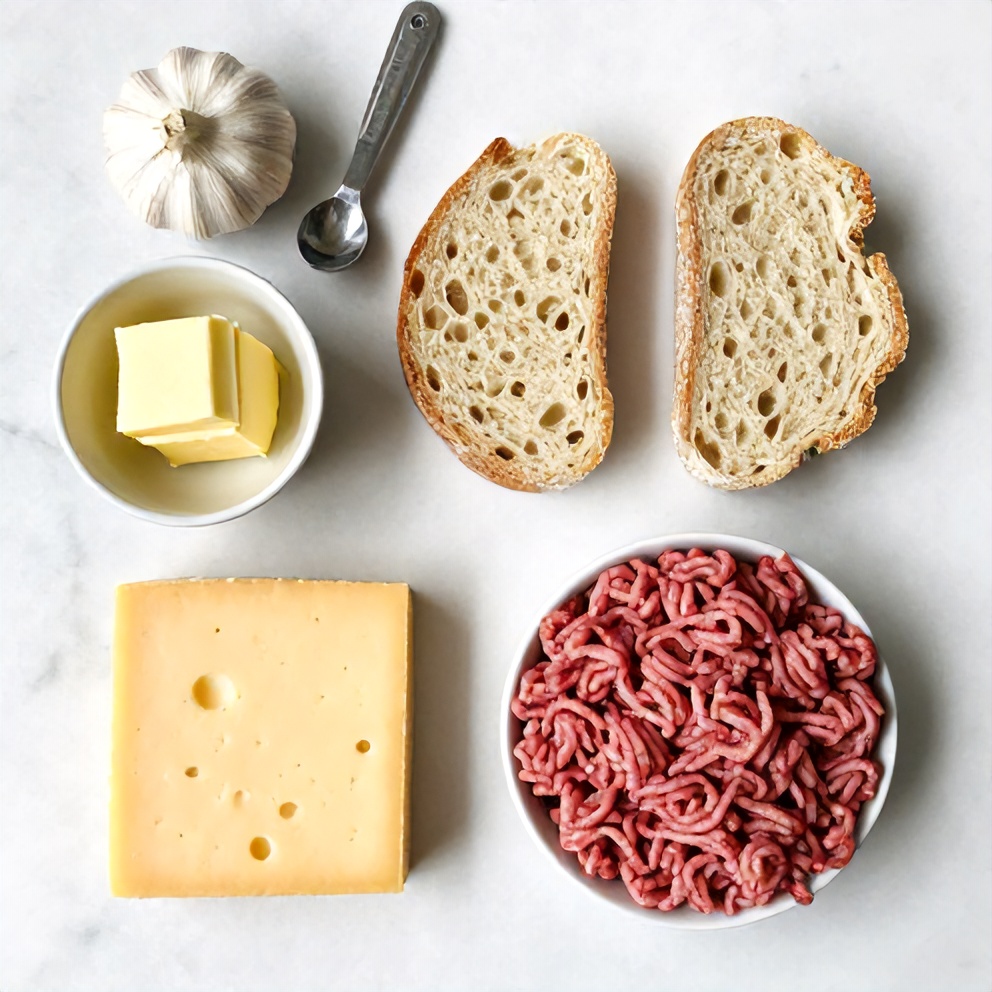 Garlic, butter, bread, cheese, and ground beef arranged as an overhead flat lay. Measuring spoons and bowls visible. White marble surface. Bright even light. Photorealistic overhead food photography.