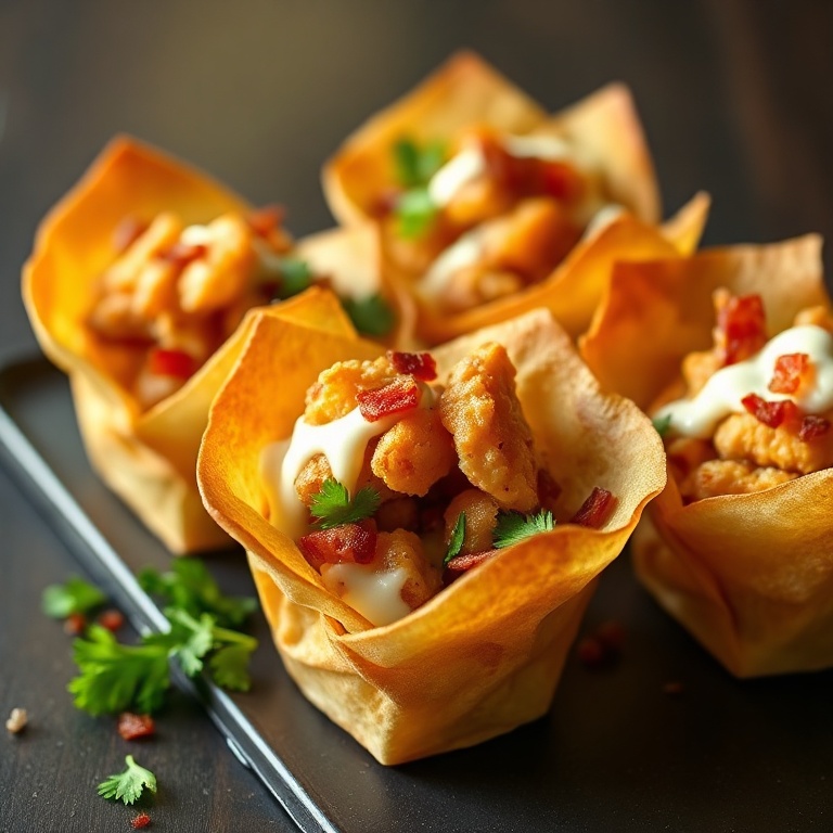 Crispy Chicken Bacon Caesar Wonton Cups