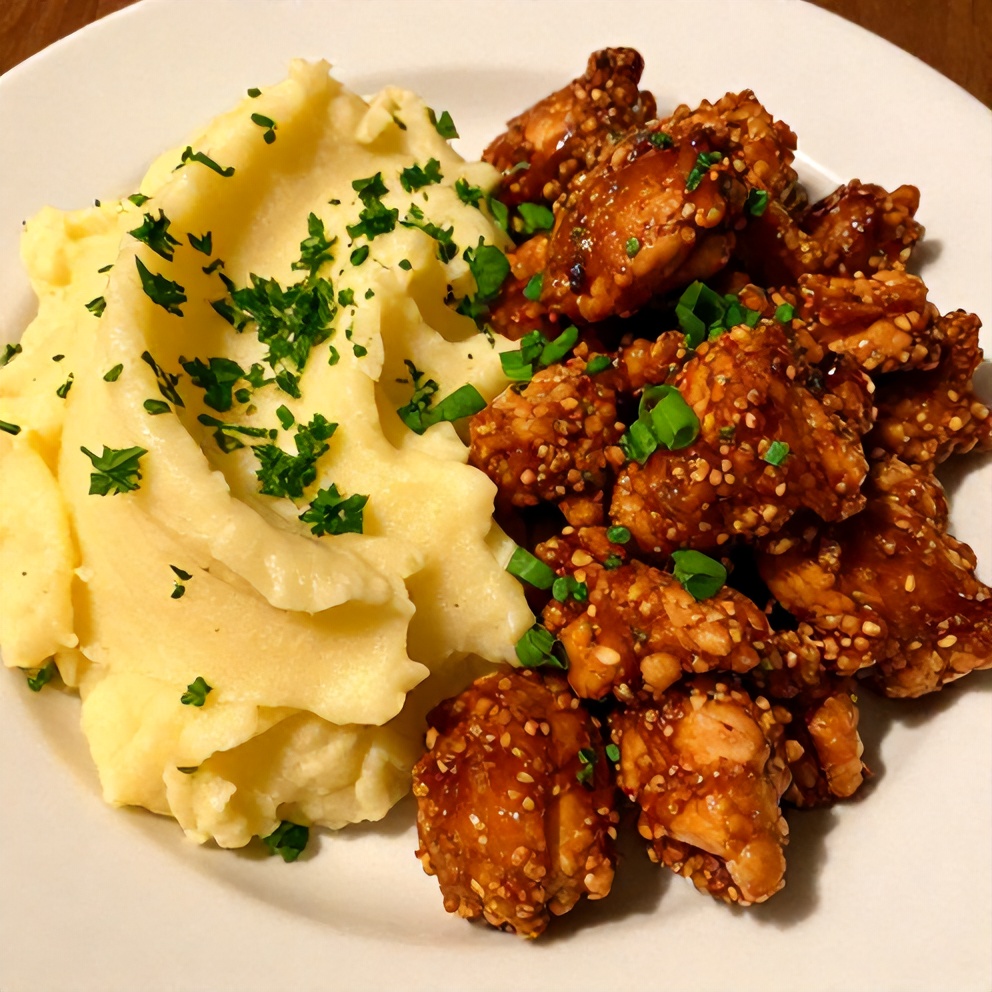 Crispy Chipotle Honey Chicken with Smoked Gouda Mashed Potatoes plated