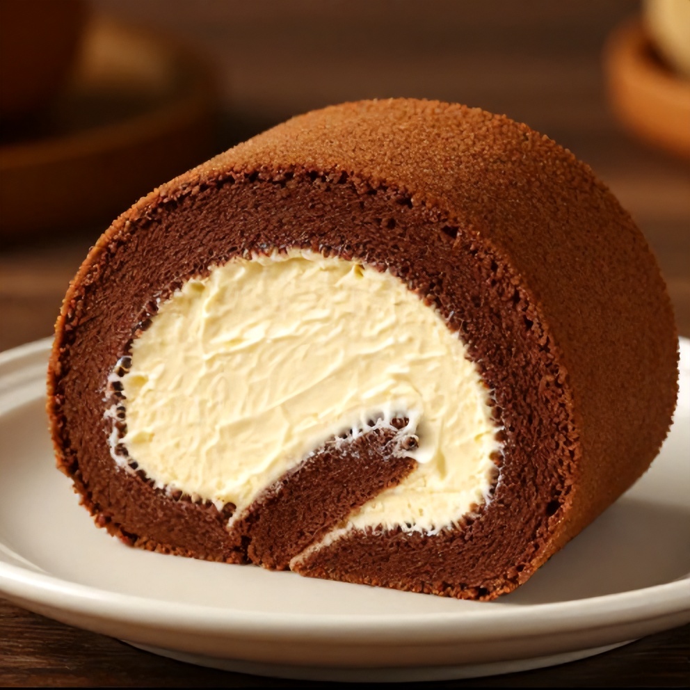 Plated chocolate roll with creamy vanilla filling