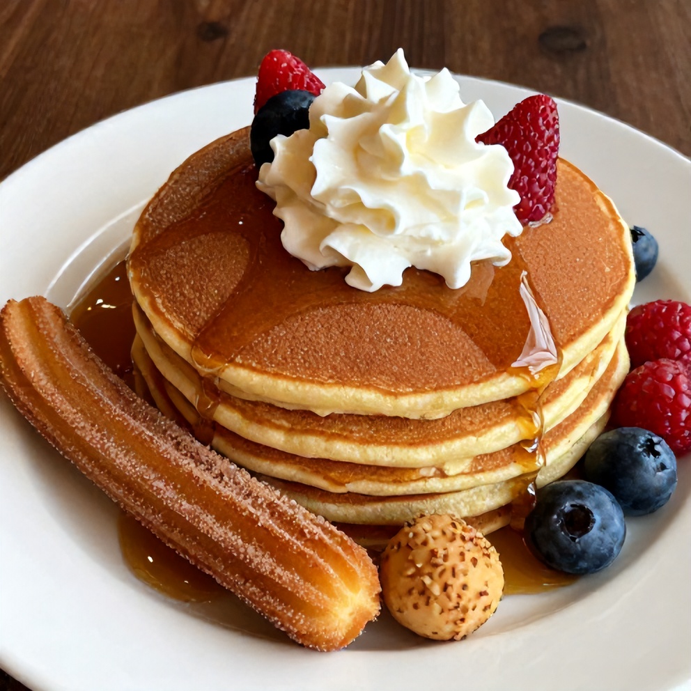 Plated cinnamon sugar churro pancakes with a side of syrup