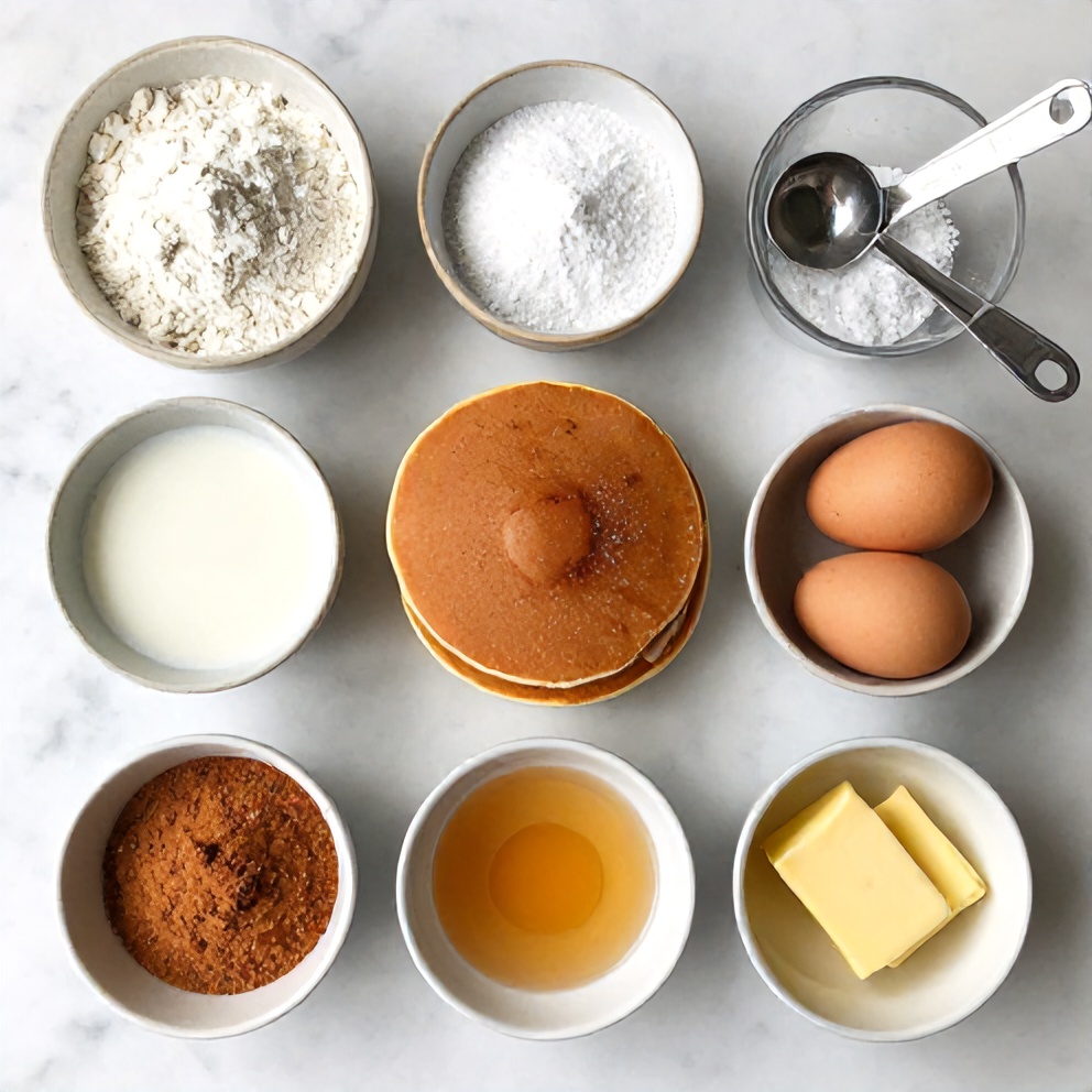 Ingredients for cinnamon sugar churro pancakes on a marble surface
