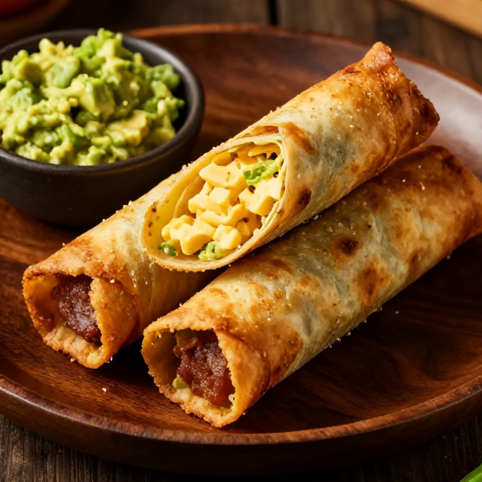 Crispy Crunchwrap Supreme Egg Roll on a plate with creamy avocado dip
