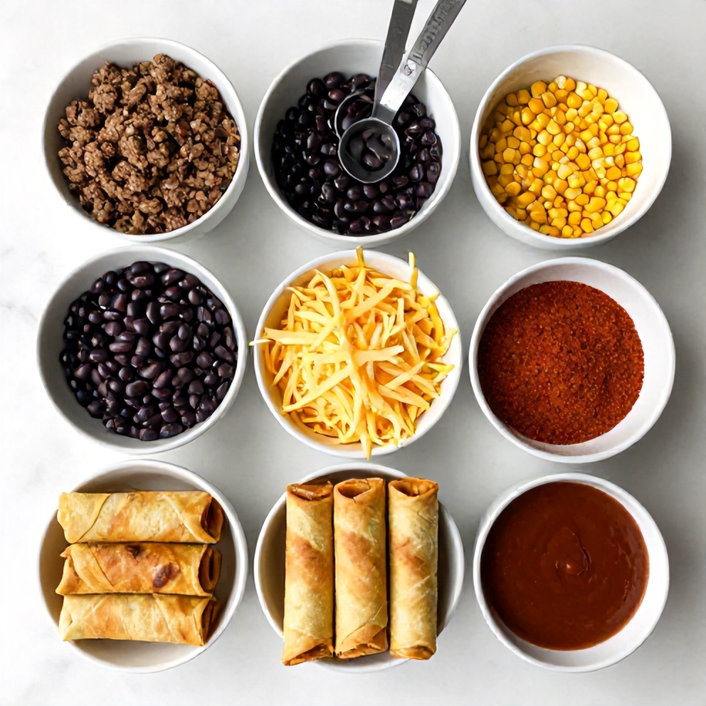 Raw ingredients for Crunchwrap Supreme Egg Rolls on a marble surface