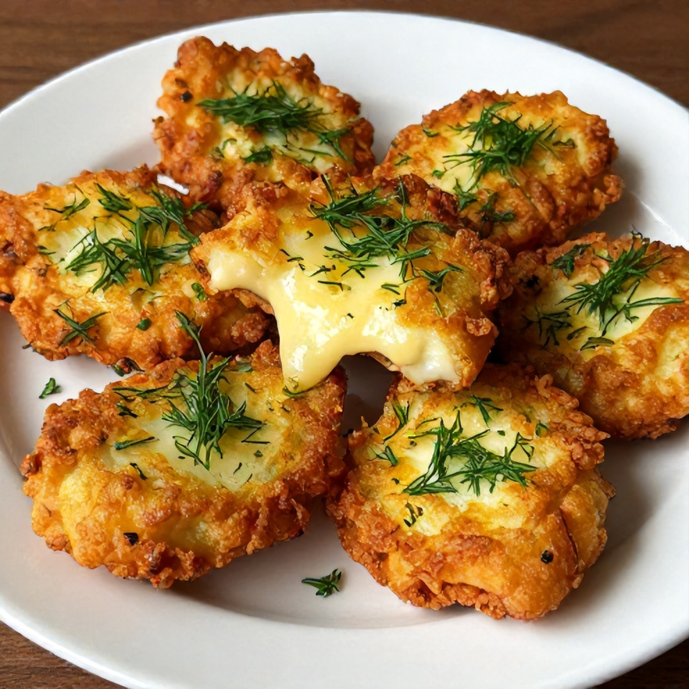 Plate of golden crispy dill pickle fritters
