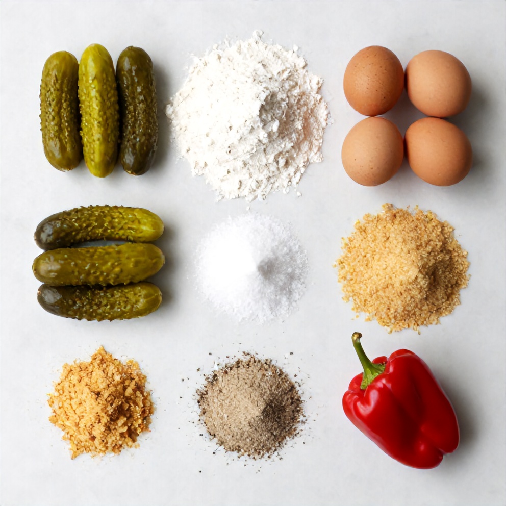 Dill pickles, flour, eggs, breadcrumbs, seasonings on a marble surface