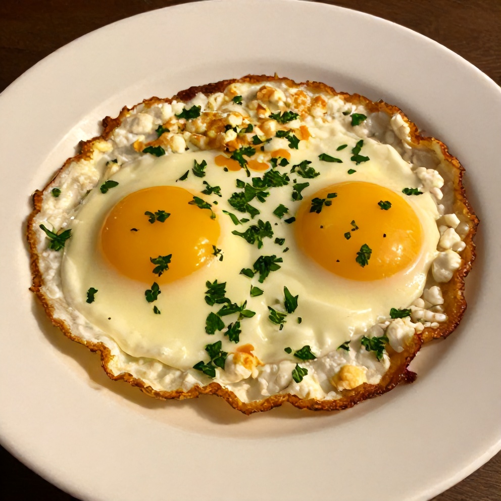 Crispy feta fried eggs plated with fresh parsley garnish