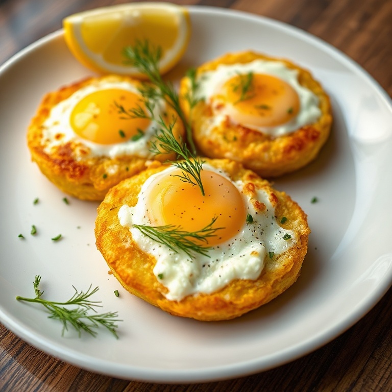 Crispy Feta Fried Eggs on a white plate, garnished with fresh dill and a squeeze of lemon