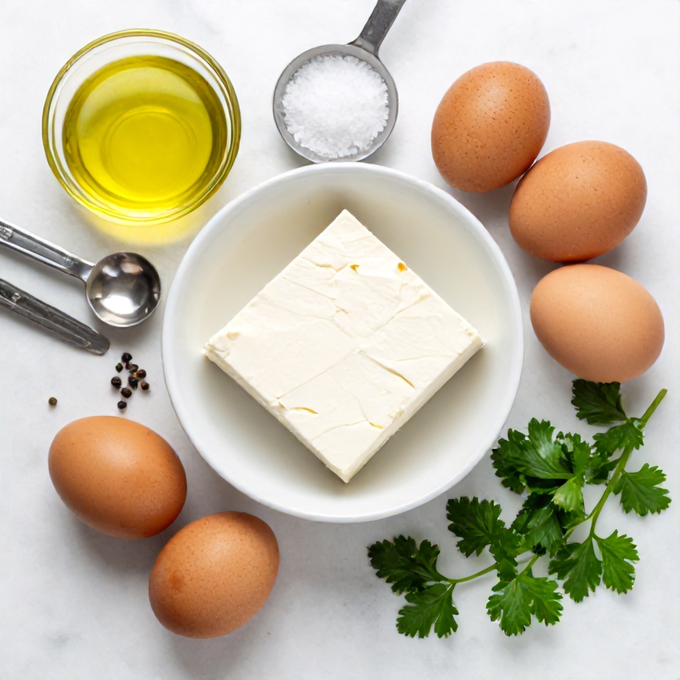 Raw ingredients for crispy feta fried eggs: eggs, feta, olive oil, salt, pepper, and fresh parsley