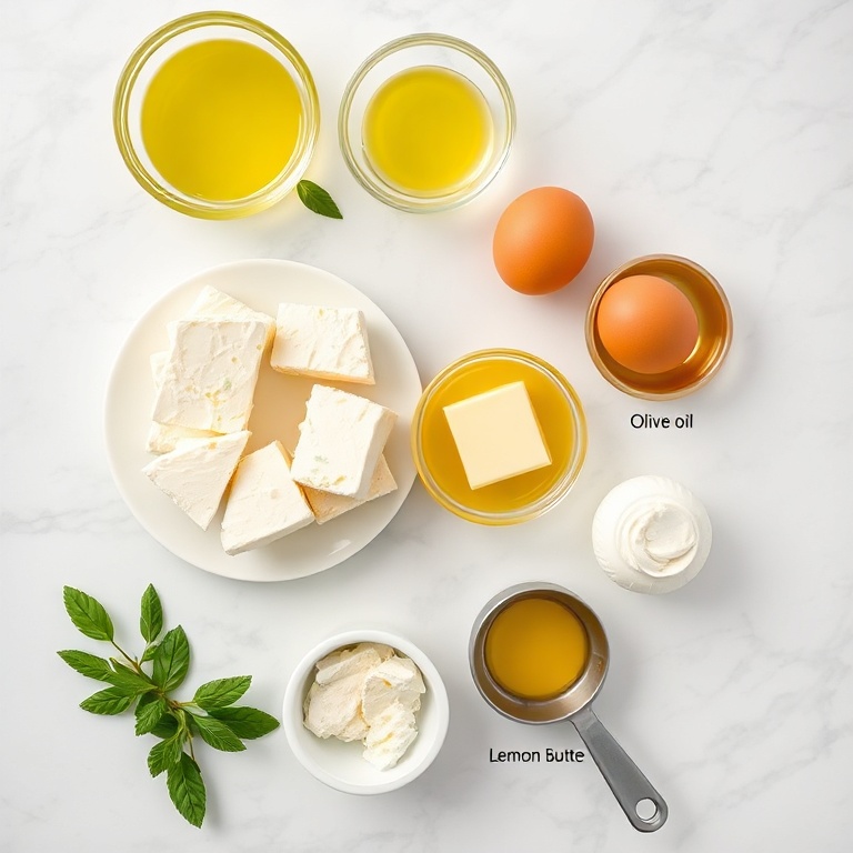 Fresh feta cheese, eggs, olive oil, butter, and a splash of lemon on a white marble countertop