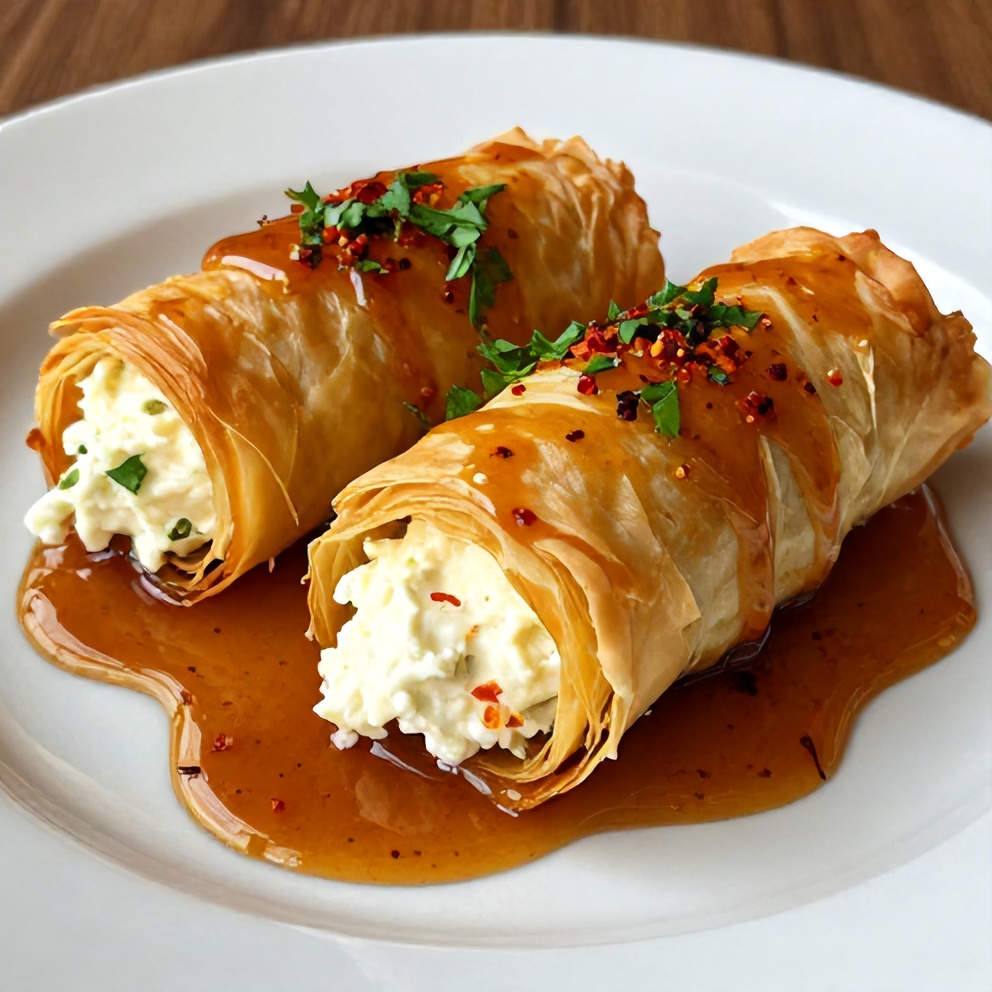 Plated Crispy Feta Phyllo Rolls with Sweet Chili Honey Sauce