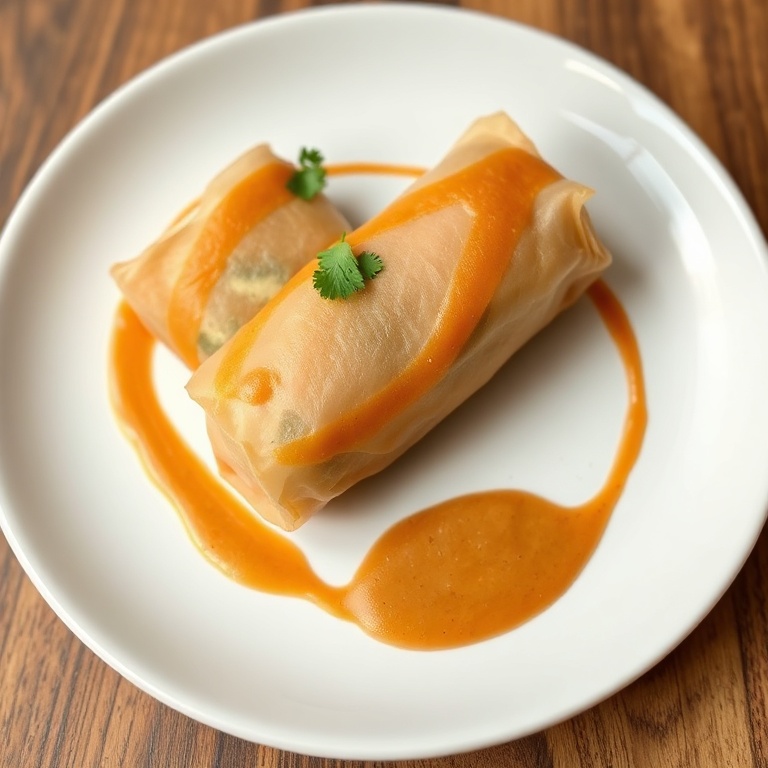 A single crispy Spring Roll plated on a white ceramic plate with a drizzle of peanut sauce and a garnish of cilantro.