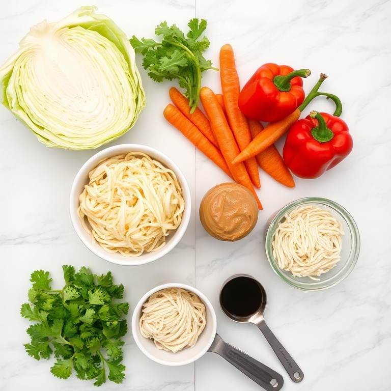 Fresh vegetables like cabbage, carrots, and bell peppers arranged in a flat lay with a bowl of shredded rice noodles, a jar of peanut butter, and a measuring cup of soy sauce.