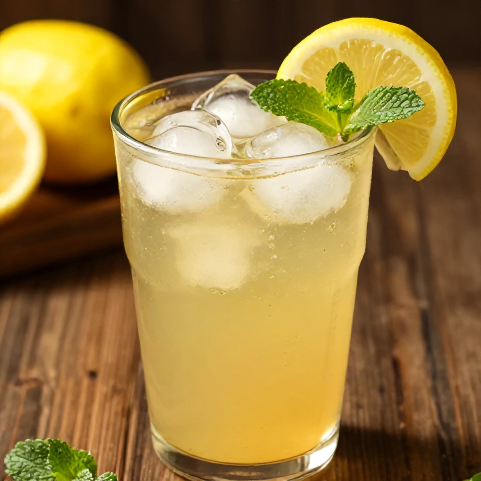 Guava White Tea Lemonade in a glass with ice and lemon slice