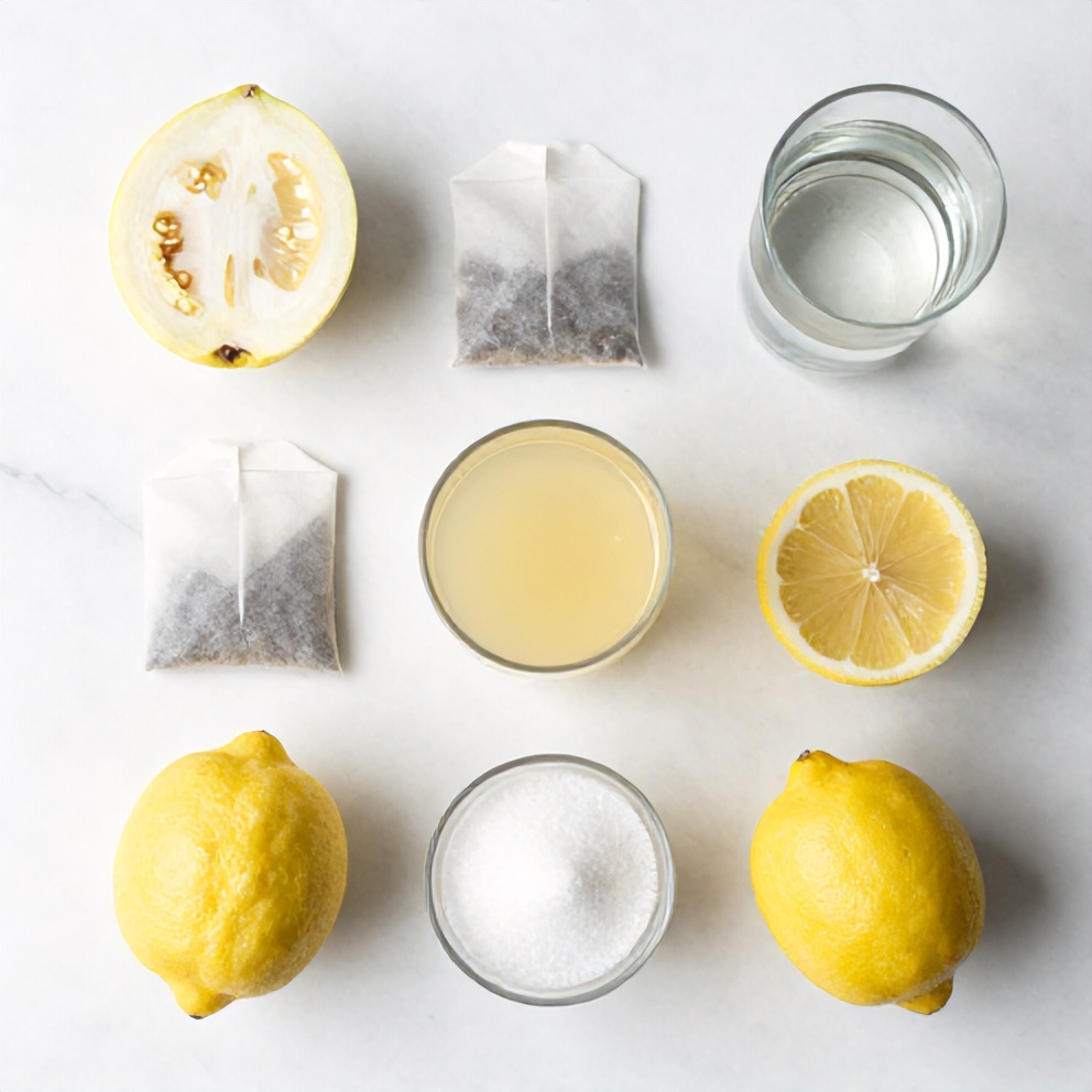 Guava White Tea Lemonade ingredients on a marble surface