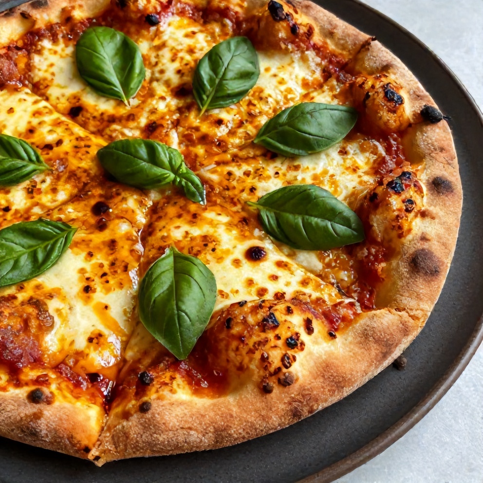 Crispy Hot Honey Garlic Bread Pizza on a dark ceramic plate. Fresh basil leaves on top. Warm lighting highlights texture. Close crop, food fills 90% of frame.