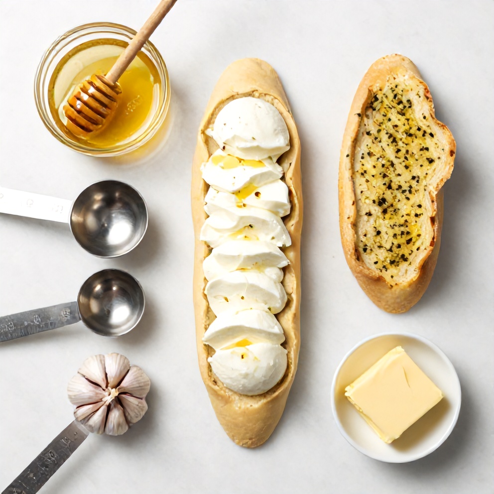Garlic bread dough, mozzarella, ricotta, honey, garlic, and butter arranged in a flat lay. Measuring cups and spoons visible. White marble surface. Bright even light.