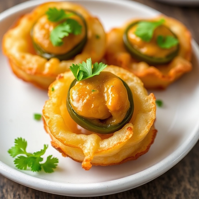 Plated onion rings with jalapeño popper filling. Topped with fresh cilantro. Close-up showing crispy texture and gooey center.