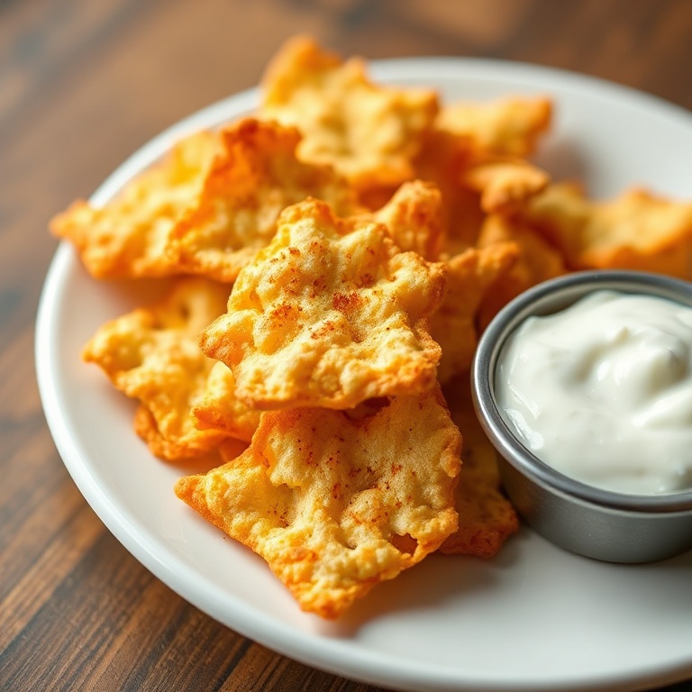 Crispy Keto Cottage Cheese Chips on a white plate with a sprinkle of paprika and a side of ranch. Close-up showing the crunchy texture.